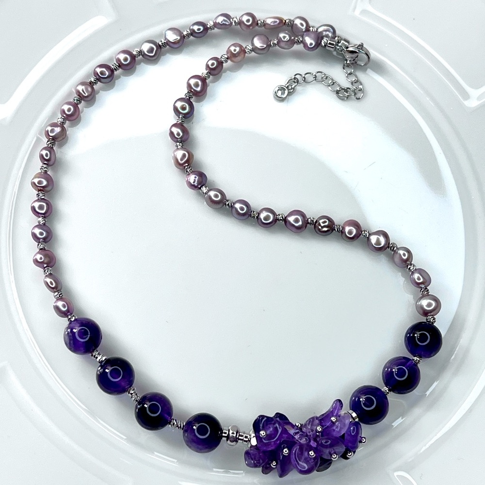 Handmade Freshwater Pearl Genuine High Quality Amethyst  Ombre Necklace